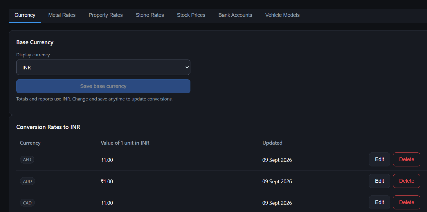MAA currency settings with a base currency selector and conversion rate table