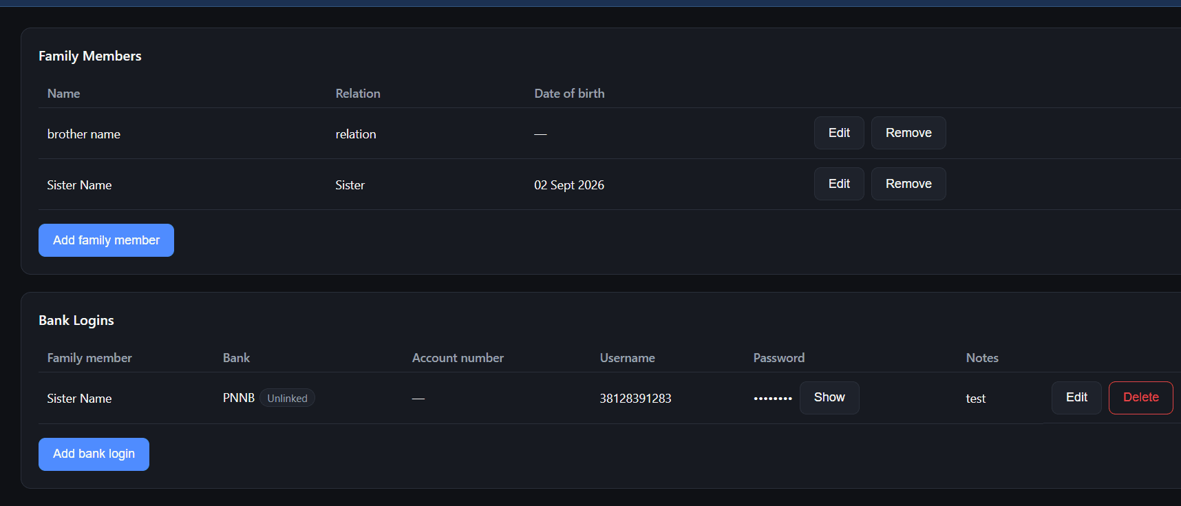 MAA family member list and bank login vault with a masked password
