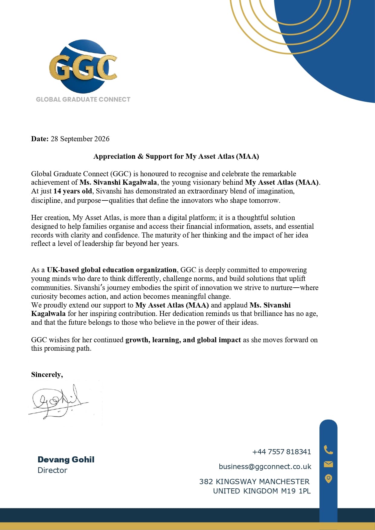Letter of appreciation and support for My Asset Atlas from Global Graduate Connect, 28 September 2026